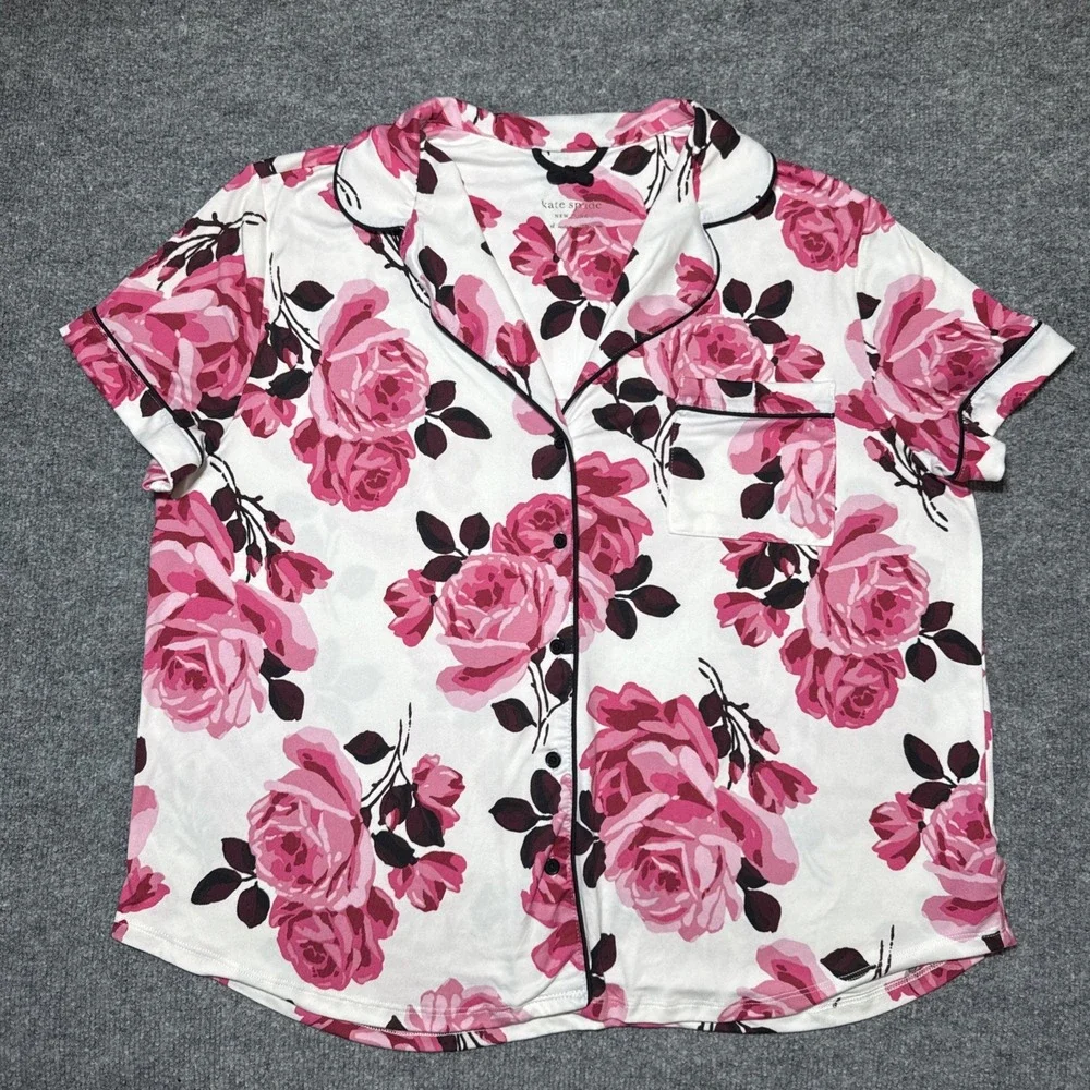 Kate Spade Tunic Shirt‎ Womens XL Sleepwear White Pink Floral Button Up Pajama